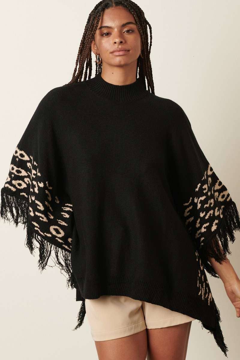 mittoshop - Wholesale Poncho - Women's - ANIMAL PRINT DETAIL TASSEL OVERSIZED PONCHO6
