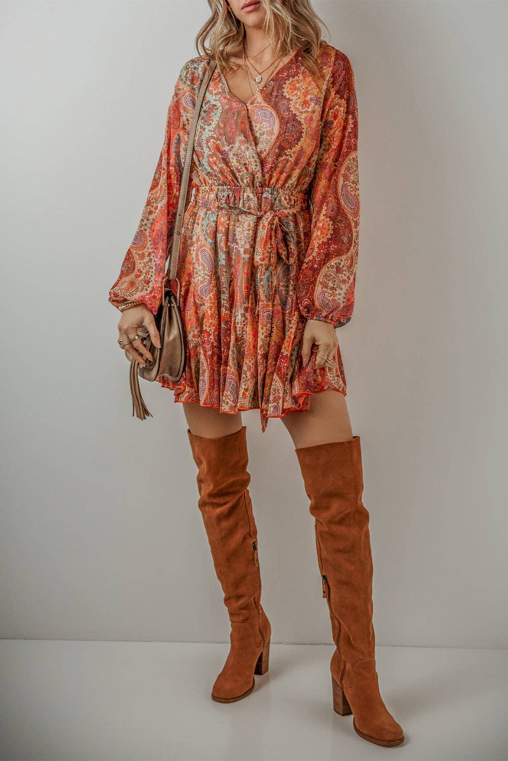 Orange Boho Paisley Print Long Sleeve Pleated Belted Mini Dress for wholesale on Faire5