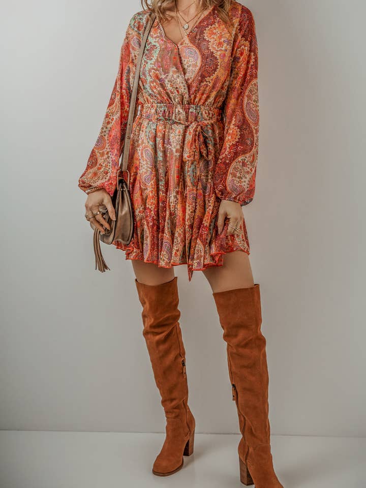 Orange Boho Paisley Print Long Sleeve Pleated Belted Mini Dress for wholesale on Faire5