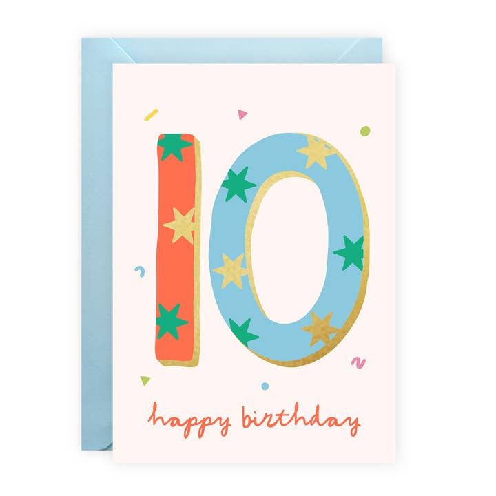 Foiled Unisex 10th Birthday Card - Age Ten - Stars for wholesale by Painted Parasol Studio
