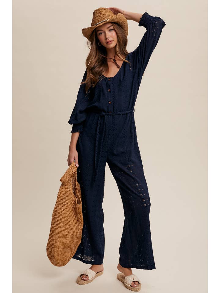 Listicle - Wholesale Jumpsuit - Women's - Eyelet Lace Wide Leg Jumpsuit