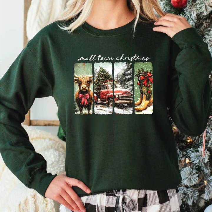 Retro Small Town Christmas Sweatshirts for wholesale by Clover + Cotton Co