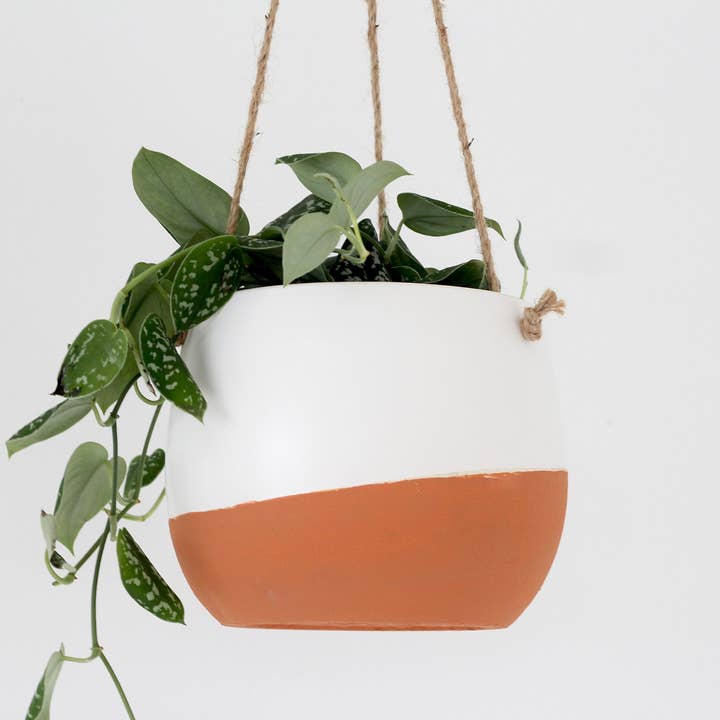 Sprout & About - Wholesale Hanging Planter - Small Burnt Orange Ceramic Hanging Planter Pot in White