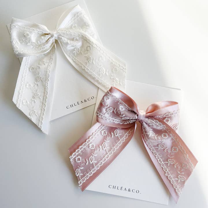 Elise Satin Lace Long Tail Bow for wholesale by Chlea & Co.