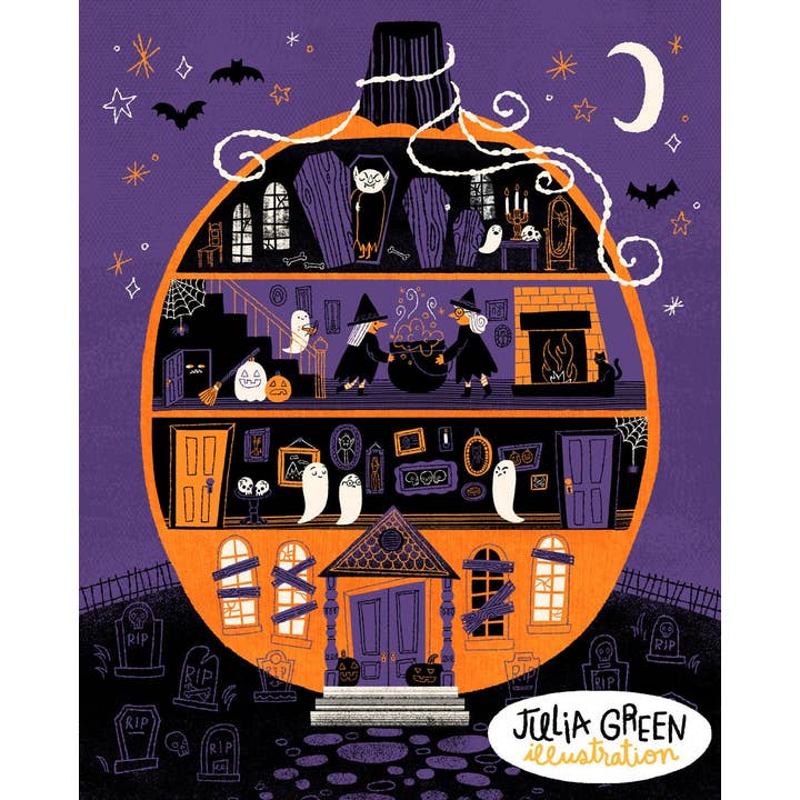 Art Print – 8x10 & 11x14 – Halloween Haunted Pumpkin for wholesale by Julia Green Illustration