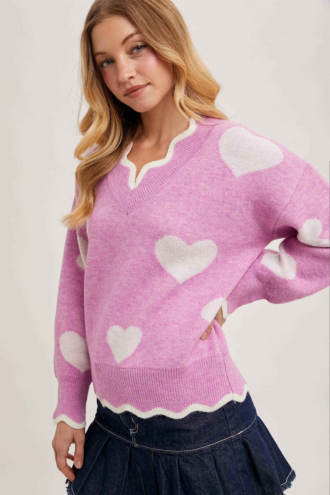 Bluivy - Wholesale Knit Sweater - Women's - HEART SCALLOP TRIMMED CONTRAST KNIT SWEATER VALENTINE'S DAY15