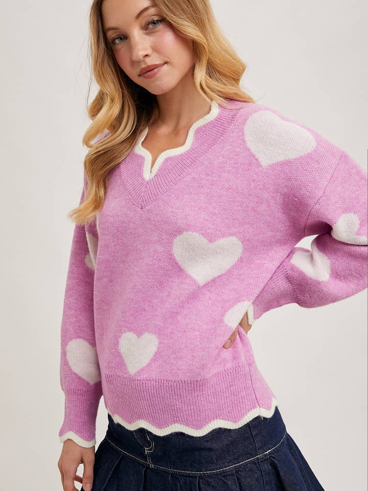 Bluivy - Wholesale Knit Sweater - Women's - HEART SCALLOP TRIMMED CONTRAST KNIT SWEATER VALENTINE'S DAY6