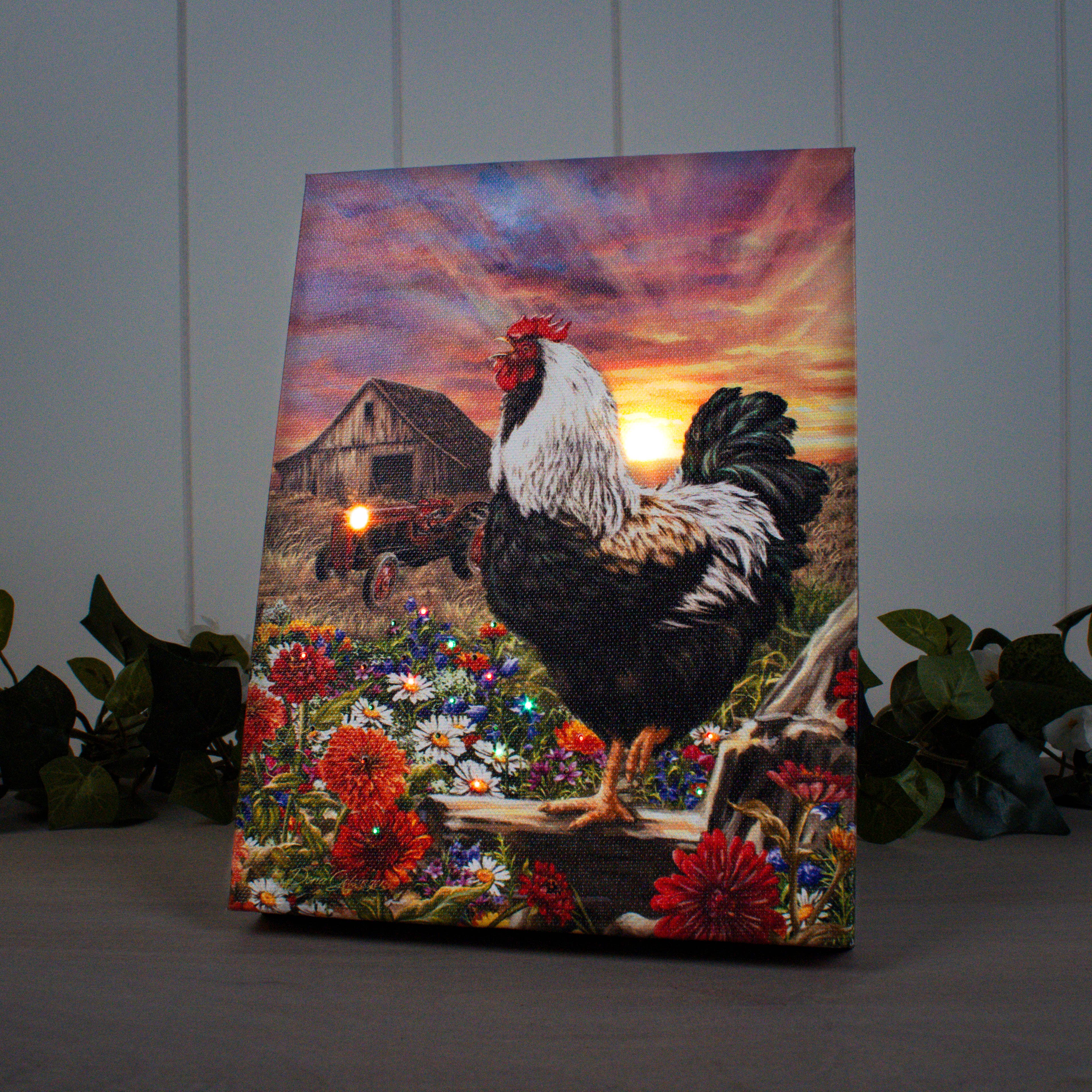Glow Decor – wholesale Decorative tabletop object – Rooster Crow 8x6 Lighted Tabletop Canvas1