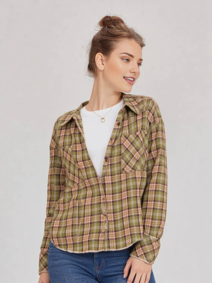 VERY J - Wholesale Button Down Shirt - Women's - NT11147-Cuff Detail Plaid Oversized Button Up Shirt