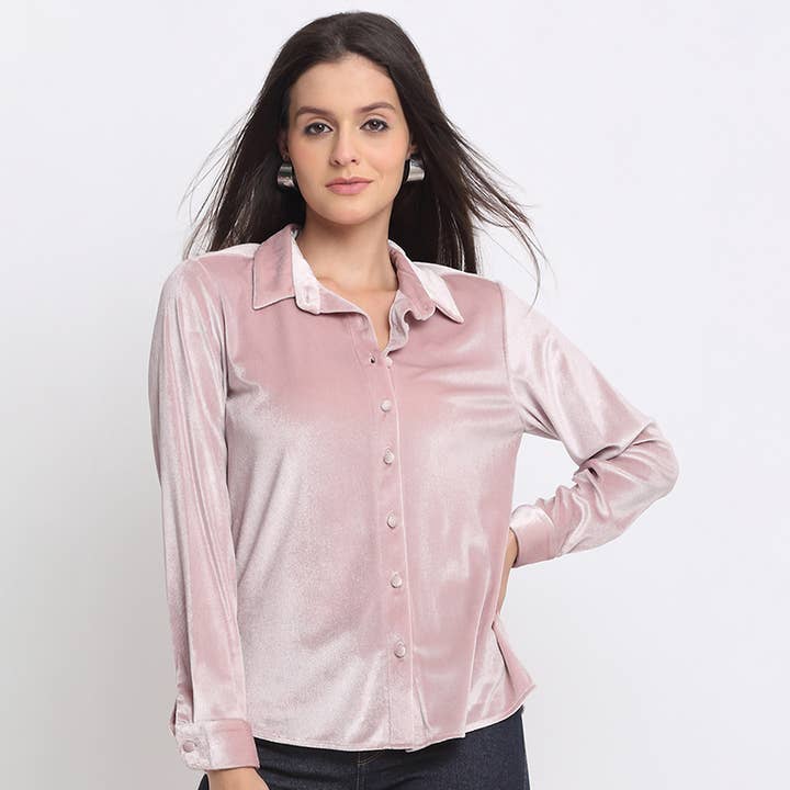 Stilren rosa skjorta med krage, enfärgad festskjorta för kvinnor för wholesale av Benares