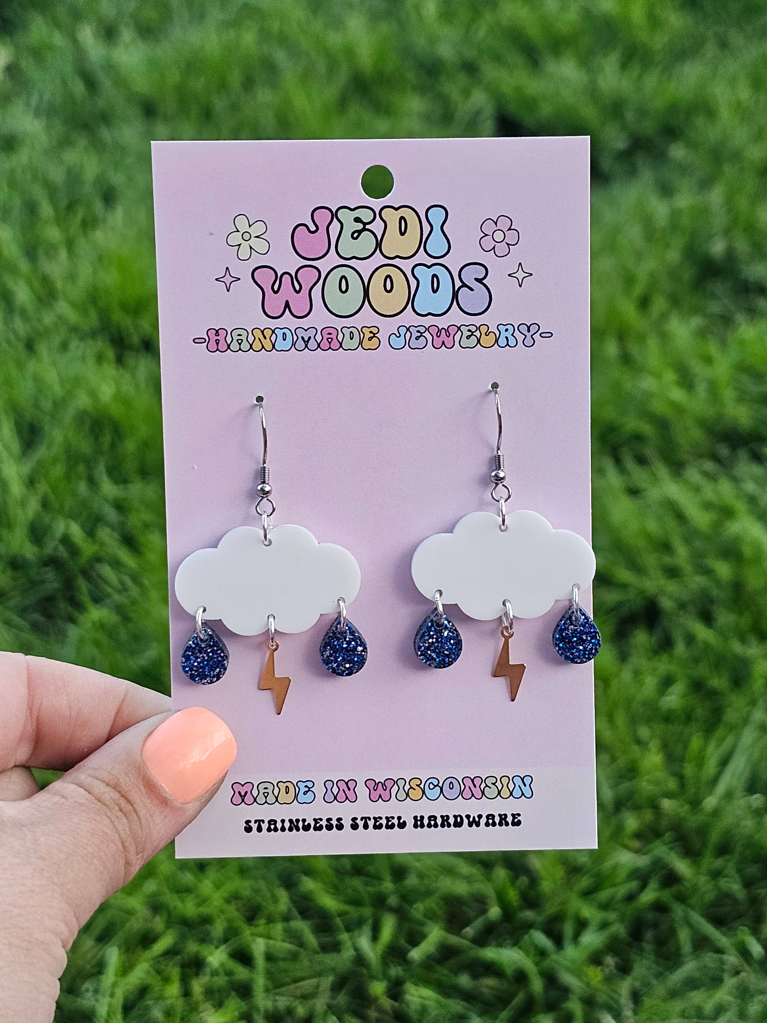 Jedi Woods LLC - Vente Boucles d'oreilles pendantes - Boucles d'oreilles pendantes nuage de pluie et éclair