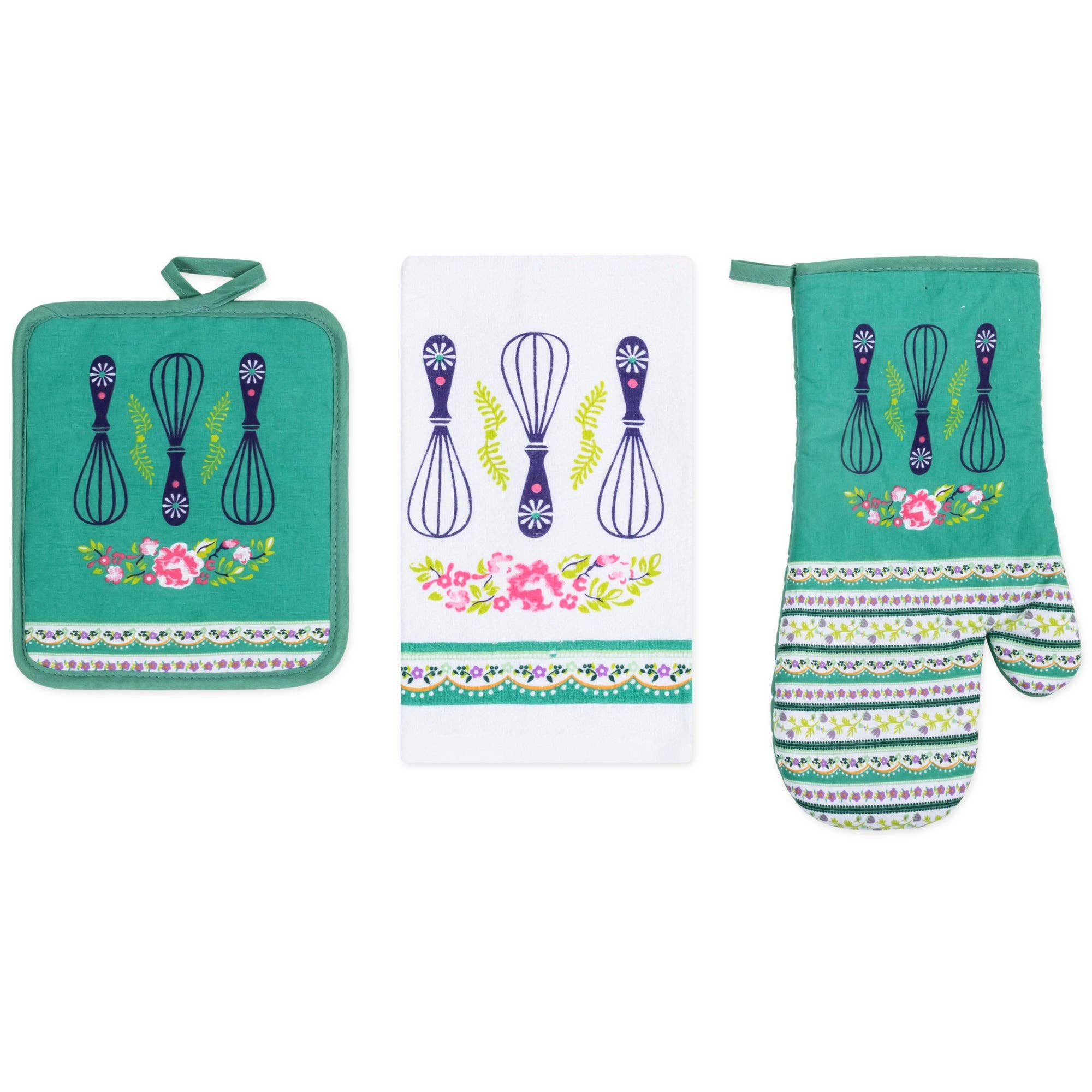 ShopBobbys - Wholesale Oven Mitt/Pot Holder - PREMIUS 3 Piece Printed Kitchen Linen Set, 1 Cotton Towel, 1 Pot Holder, 1 Oven Mitt7