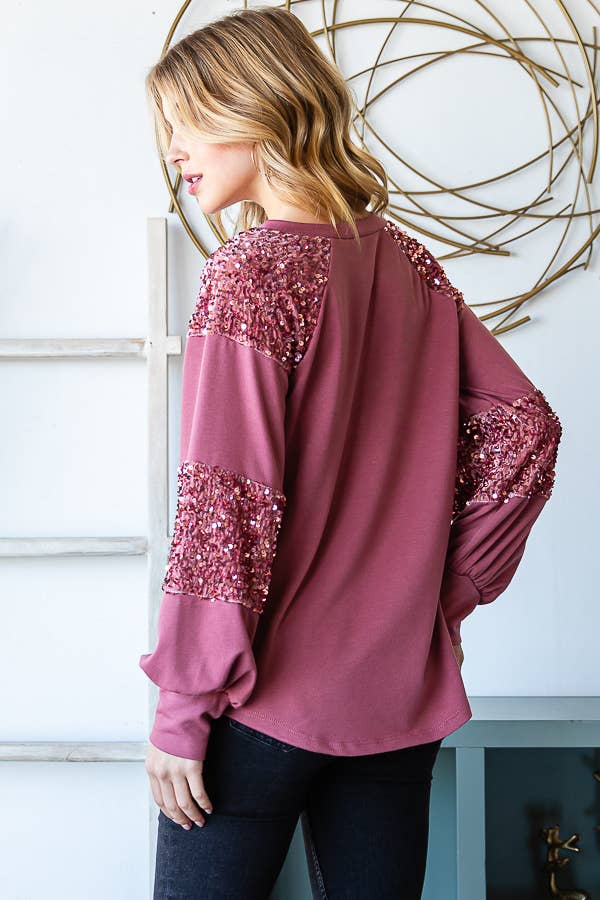 7th Ray - Wholesale Sweatshirt - Women's - [PLUS SIZE] Brushed Sequin Contrast Pullover Top T5341XL10
