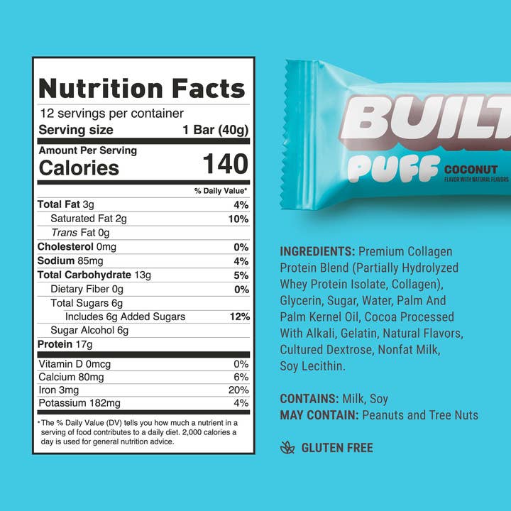 Built Bar - Wholesale Snack Bar - Coconut Puffs, Box of 12 Protein Bars