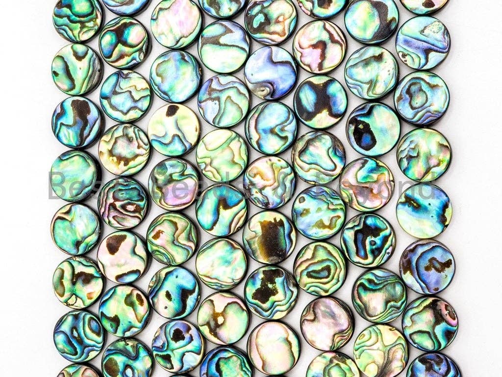 BestBeads&Beyond - Wholesale Beads - 8mm/10mm/12mm/14mm Natural Abalone Flat Coin Shell beads, Wholesale Gemstone Beads, Round Smooth Coin Abalone Beads, 16inch strand,SKU#R21