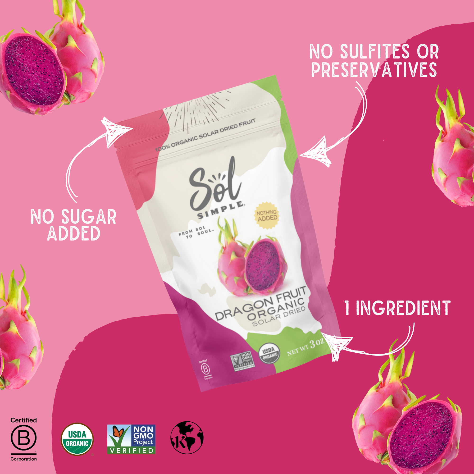 Sol Simple - Wholesale Dried/Dehydrated Fruit - Organic Solar Dried Dragon Fruit1