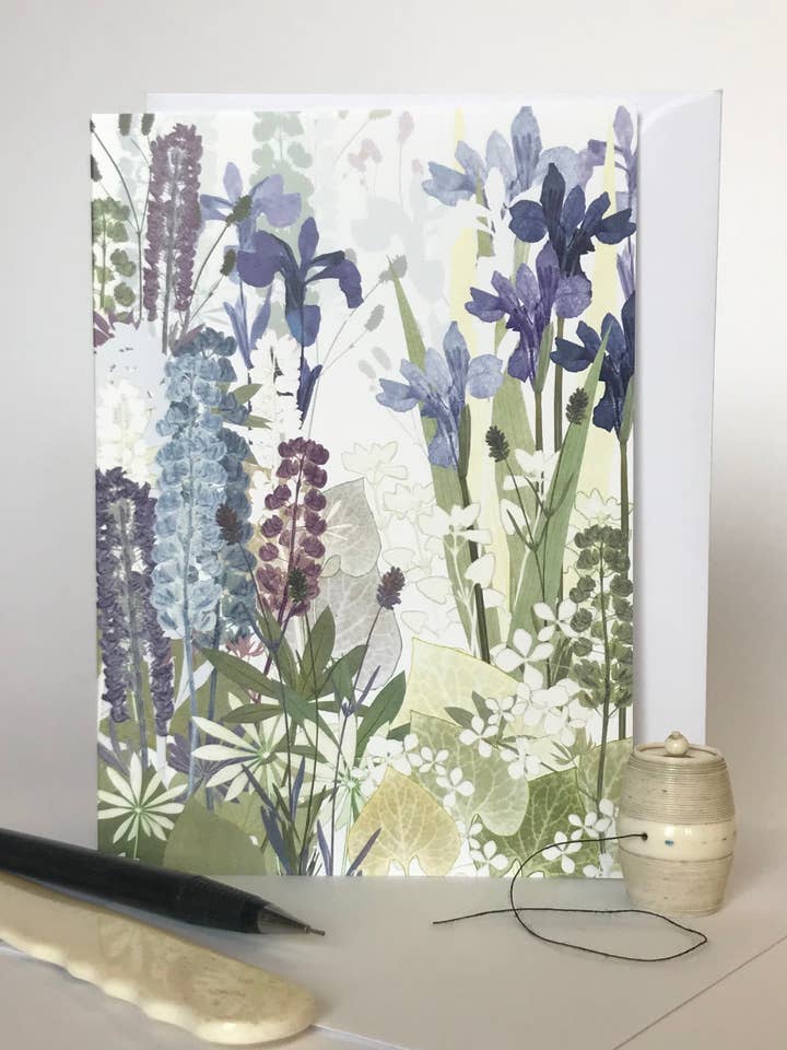 Iris and Lupins Greetings Card for wholesale by Amanda Ross