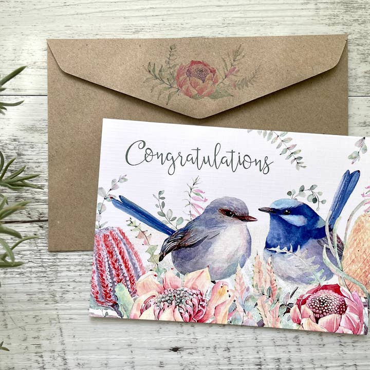 Scattered Seed Co - Wholesale Congratulations card - Superb Fairy Wren - Wedding/Engagement Card1