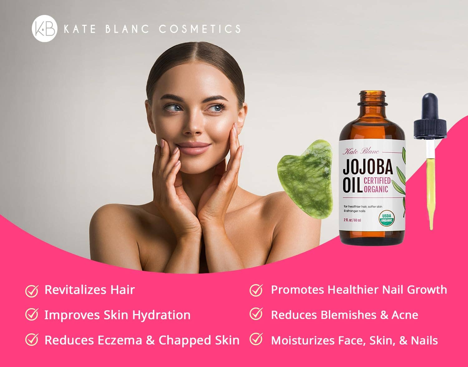 Kate Blanc Cosmetics – wholesale Bath/body oil – Organic Jojoba Oil with Jade Gua Sha Stone1