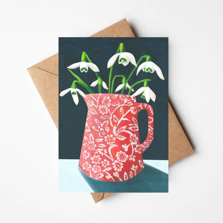 Snowdrops in Red Calico Jug Cards for wholesale by Susie Hamilton Art