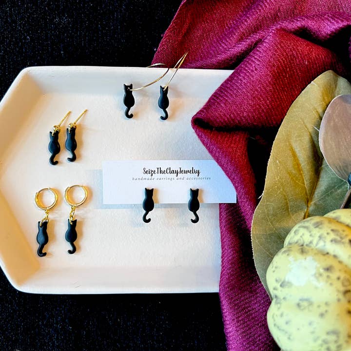 SeizeTheClayJewelry - Wholesale Dangle Earrings - Black Cat Earrings, Black Cat Huggies, Cat Clay Earrings
