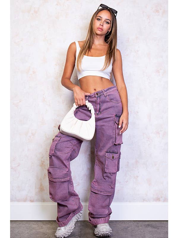 Rehab Lab - Wholesale Jeans - Women's - Purple Washed Cargo Denim Jeans With Pockets