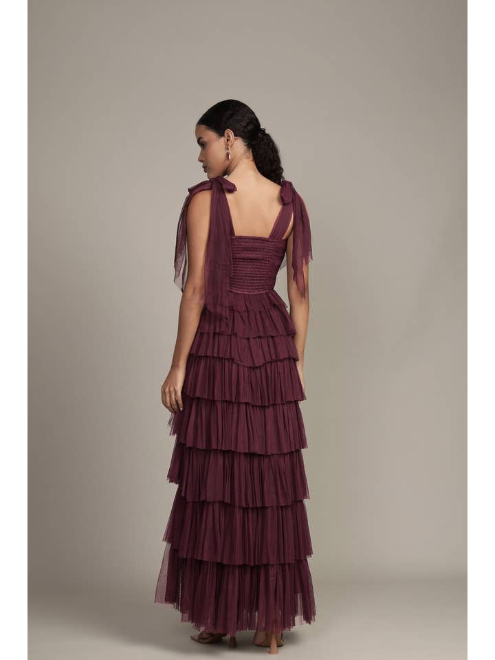 Ophelia Tulle Maxi Dress with Tie Detail in Plum for wholesale on Faire4