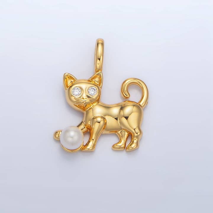 24K Gold Filled Shell Pearl CZ Cat Pet Animal Pendant | AA941 for wholesale by Aim Eternal
