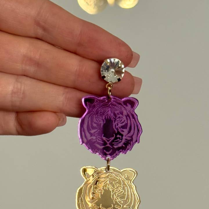 Louie Love - Wholesale Hoop Earrings - Purple & Gold LSU Football Sports Tiger Face Gameday Earring1