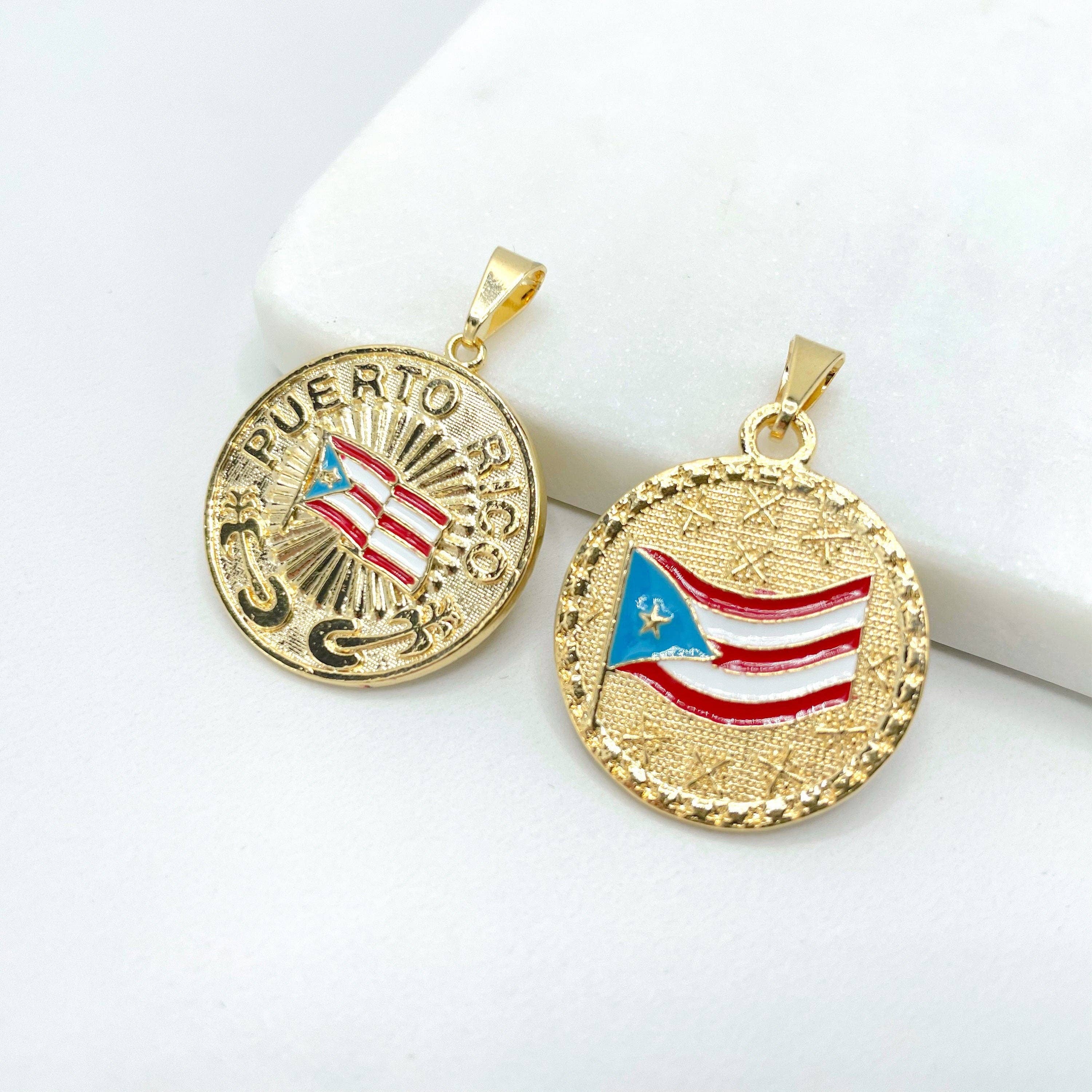 DIJU Jewelry - Wholesale Individual Charm/Pendant - 18k Gold Filled Texturized Puerto Rico Colored Medal Flag Pendant Charms, Flag with Name or Flag with Stars, Wholesale Jewelry Supplies3