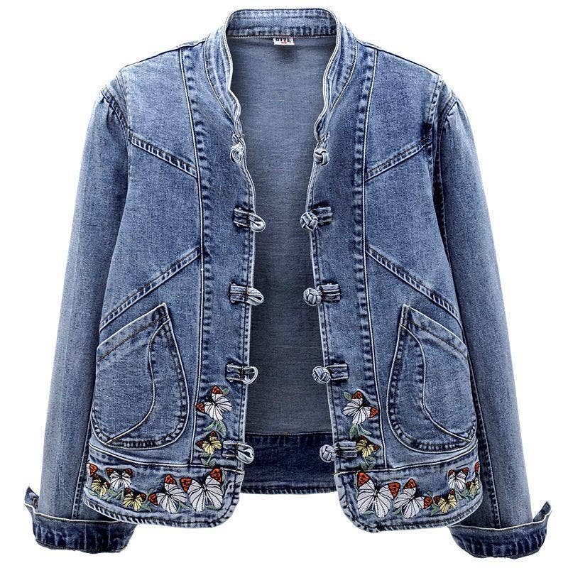 Azul Vaquero 9526# Chaqueta de mezclilla para mujer con bordado de mariposas de venta al por mayor en Faire2