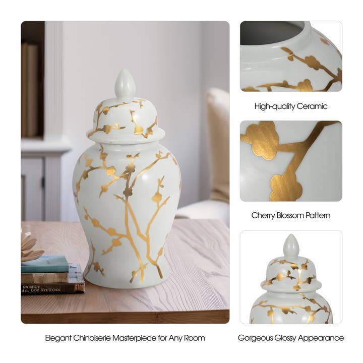 Sagebrook Home - Wholesale Vase - Ceramic Gold Cherry Temple Decorative Vase - White, 14 in.2