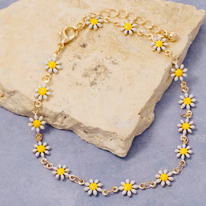 Enamel Daisy Flower Station Chain Anklet for wholesale by The Looks by Fame Accessories