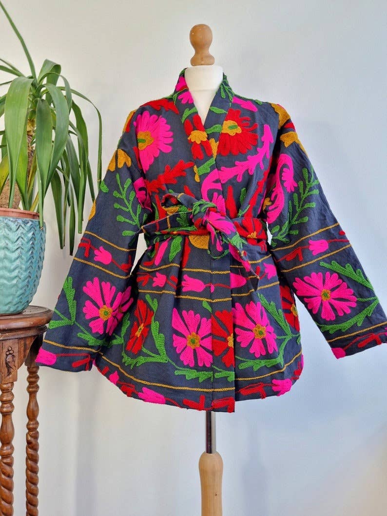 Essential Designs London – wholesale Jacket – Women's – Suzani Hand Embroidered Short Jacket | Autumn Winter Boho Uzbek Kashmir Crewel | Luxe Special Gift | Classic Elegant Black Pink Red Green |3