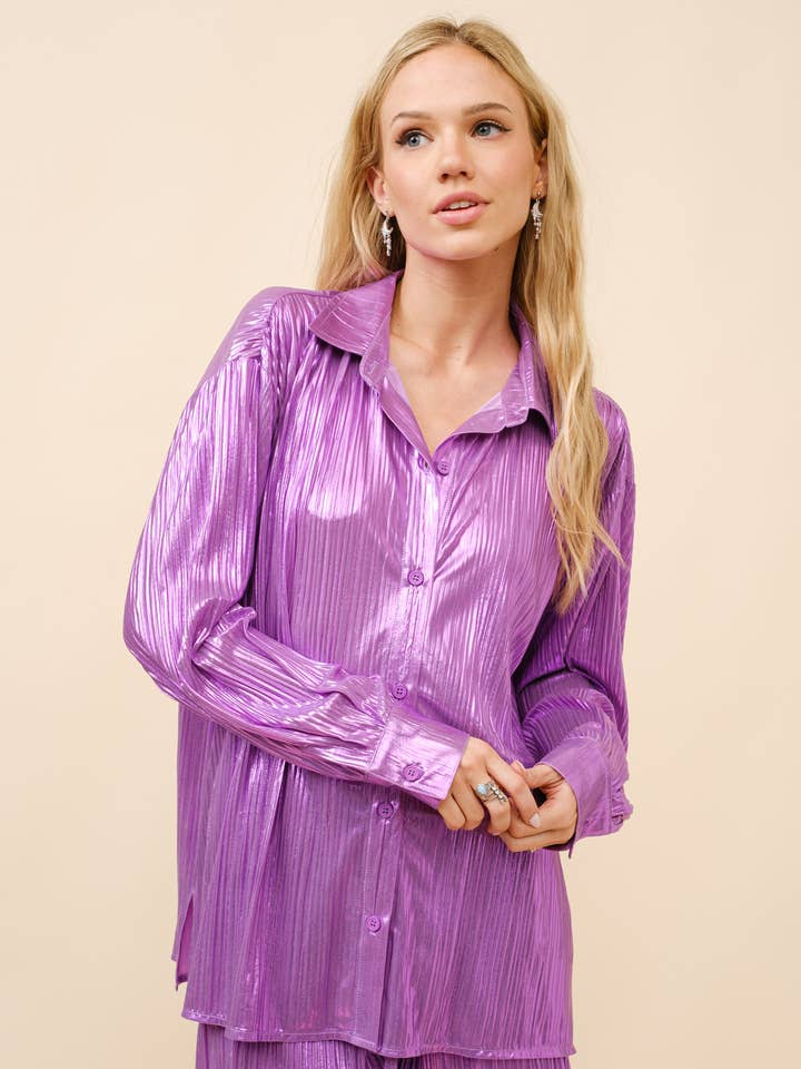 34904T - Metallic Plisse Pleated Button Up Shirt Blouse for wholesale by Blue B