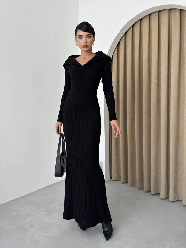 Design company-Fatma Balkir - Wholesale Dress - Women's - Wide Collar Cable Knit Long Slim Dress – Fitted Tricot dress3