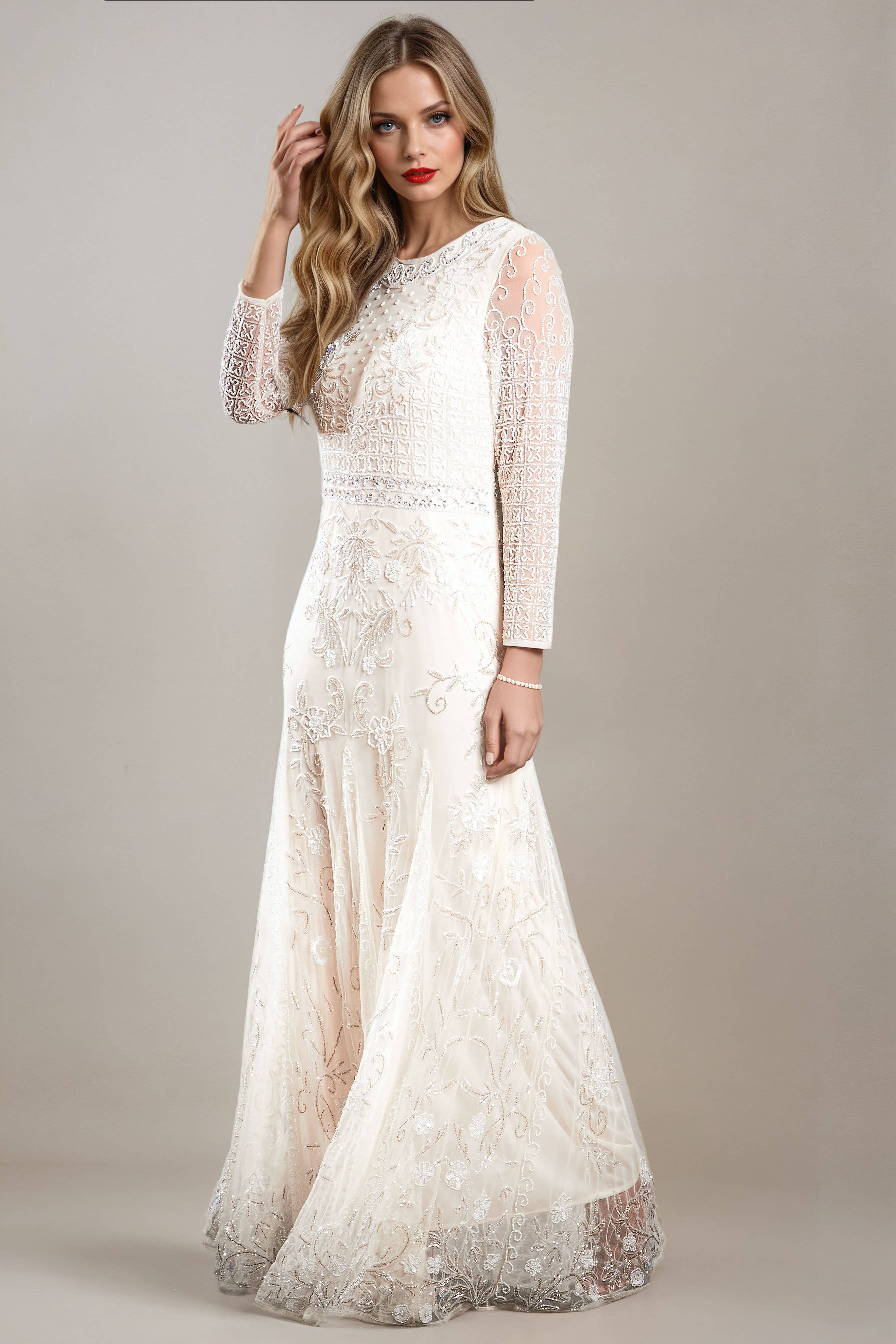 Jywal London® - Wholesale Gown – Women's - Grace Embellished Modest Wedding Dress In Off White