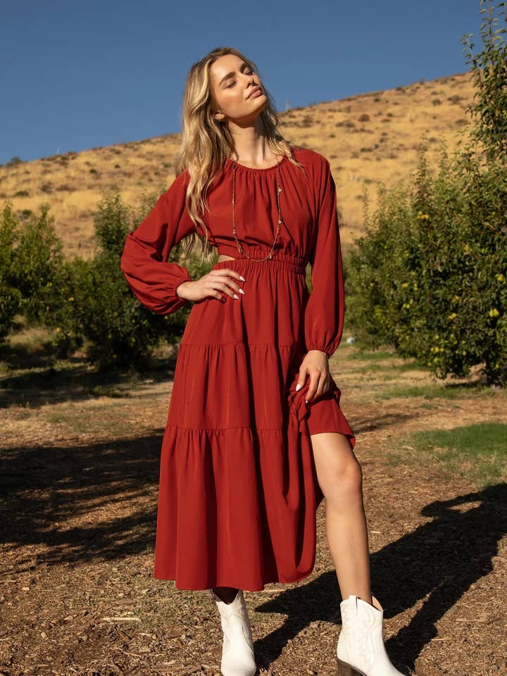 LONG SLEEVE WOVEN TIERED MAXI DRESS SKSY4836 for wholesale by Stylish Wholesale