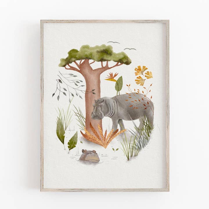 Impressão de Arte de Hipopótamo para Quarto de Criança - Decoração de Animais de Safári por atacado de Urchin Bay