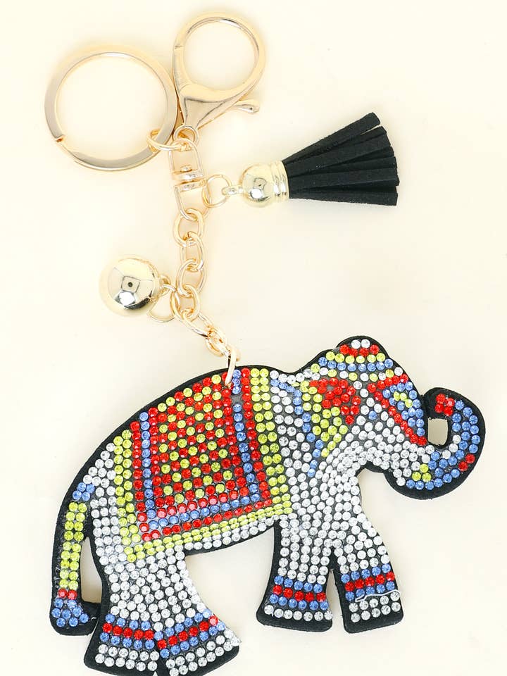 Rhinestone Pave Elephant w/ Fringe & Jingle Keychain for wholesale by SP Sophia Collection