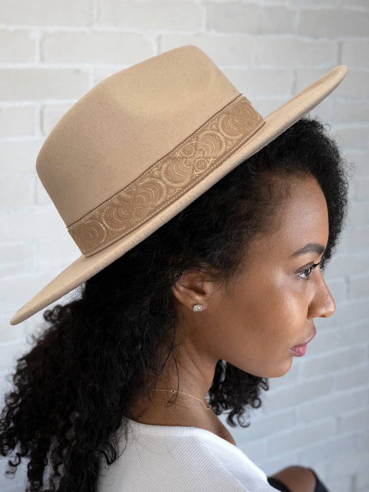 HAT2196 Neeley Boho Print Trim Wide Brim Fedora for wholesale by Jen & Co.