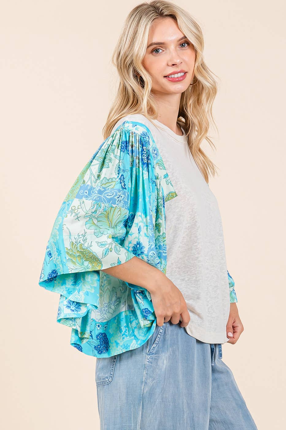 mittoshop - Wholesale Blouse - Women's - FLORAL PATCHWORK PRINT RUFFLE FLUTTER SLEEVE TOP2