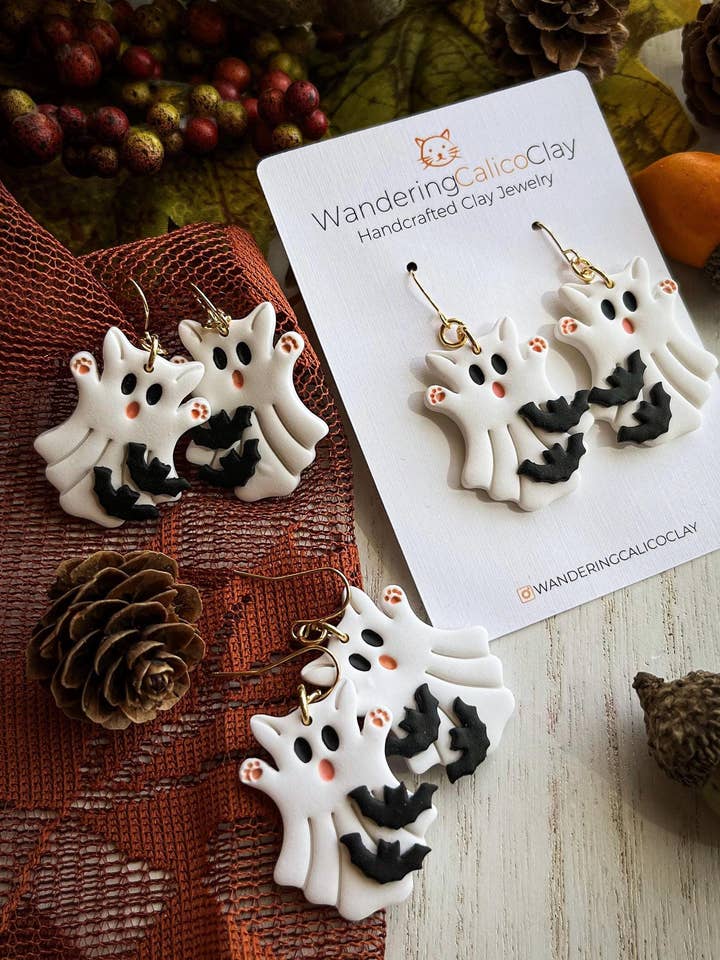 Halloween Ghost Cat Clay Earrings Handmade Gift for wholesale by WanderingCalicoClay