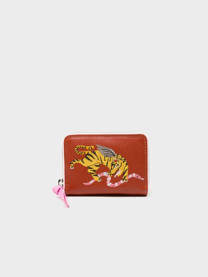 Frodo Baked City Brown Leather Zip Around Wallet - Winged Tiger Embroidery for wholesale by Min & Mon