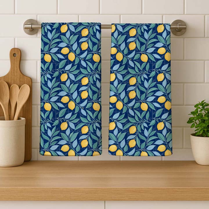 Toalhas de Cozinha em Algodão Azul Marinho com Limões e Folhas Azuis por atacado de Potter's Printing