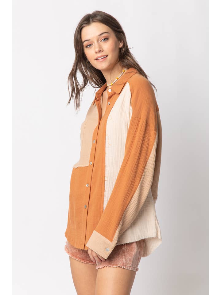 VERY J - Wholesale Button Down Shirt - Women's - NT10324-Color Blocked Button Down Shirt18