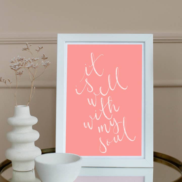 Christian Print, Hymn Lyric, Pink It Is Well With My Soul for wholesale by And Hope Designs - Cards, Stickers & Stationery