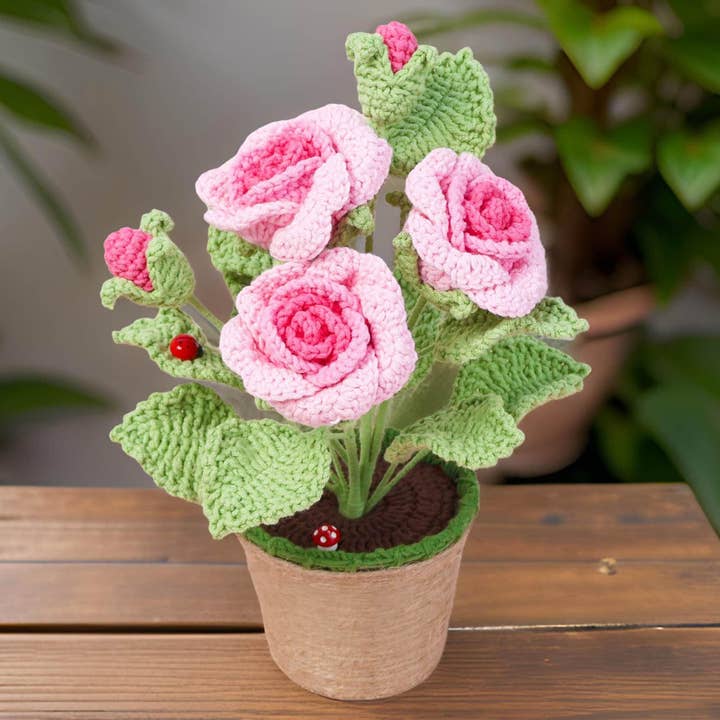 Handmade Crochet Pink Rose Pot | Flower for wholesale by PinkLadyWorkshop