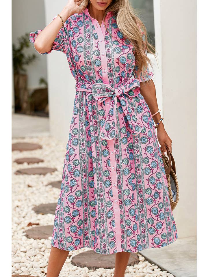 Pink LDC Floral Shirred Puff Sleeve Buttoned Front Midi Dress for wholesale on Faire