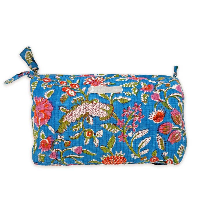 ABRACOLORS – Großhandel Kosmetiktasche – Damen – Blauer Kulturbeutel mit rotem Blumenmuster2